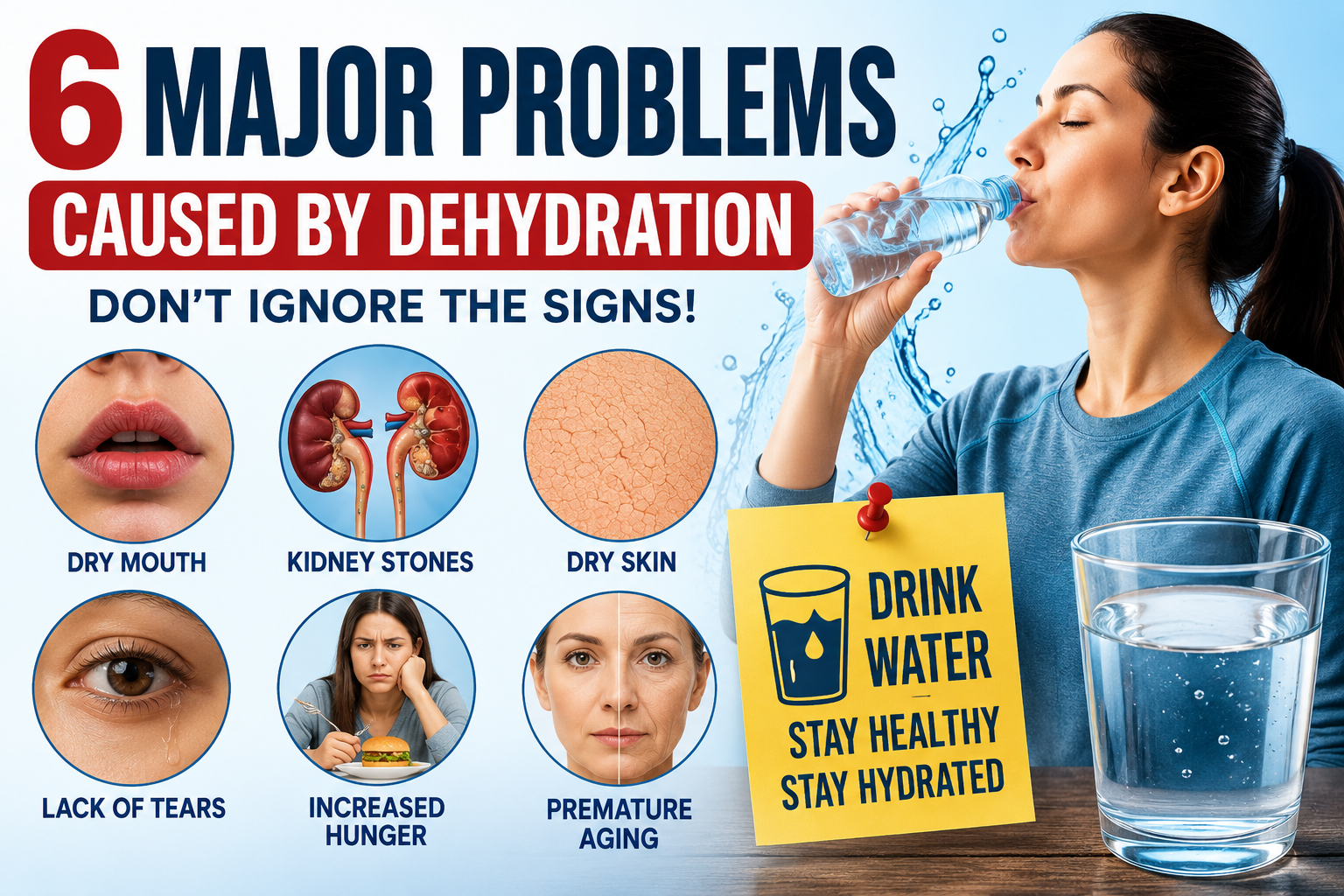 Effects of dehydration on the human body including dry mouth, kidney stones, dry skin, increased hunger, lack of tears, and premature aging.